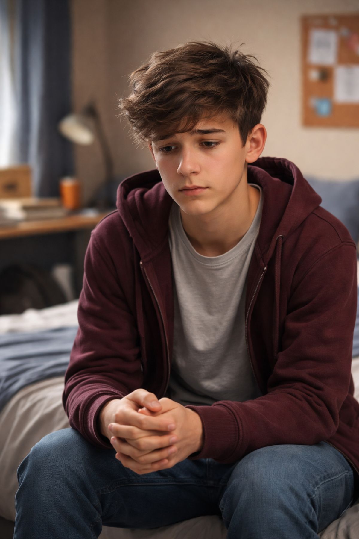 Adolescente sentado na cama, com expressão tímida e preocupada, representando a dificuldade emocional de como falar com os pais sobre curvatura peniana e iniciar uma conversa delicada sobre o assunto.