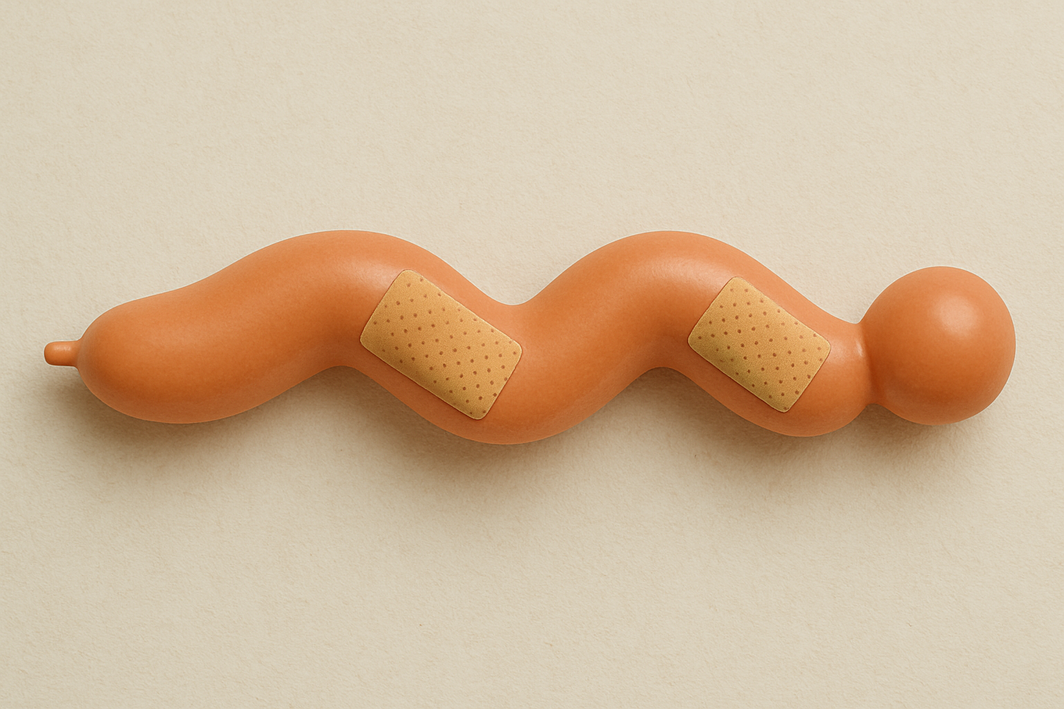 Imagen simbólica que representa la enfermedad de Peyronie: un globo naranja torcido con dos curvaturas evidentes y curitas en los puntos de deformidad, ilustrando visualmente la presencia de fibroses y cambios estructurales.