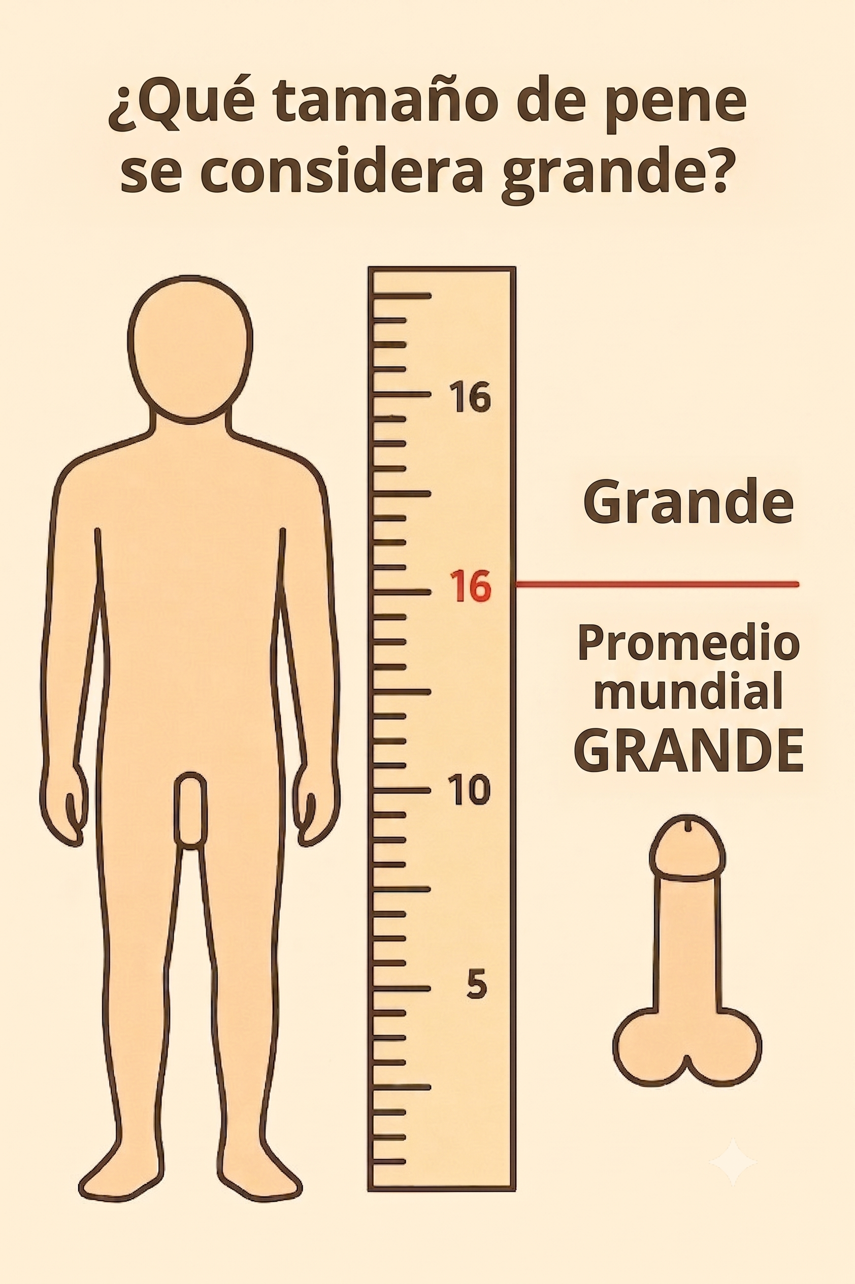 Silueta masculina neutra en un fondo beige, una regla marcando 16 cm como un pene grande.