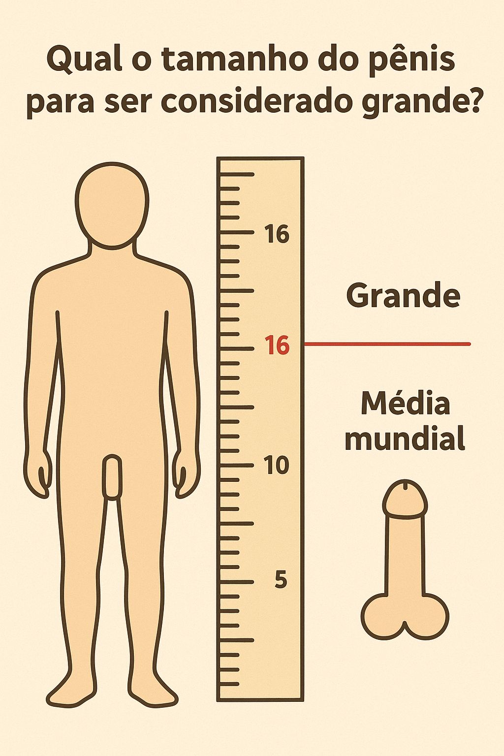 Silhueta masculina neutra em um fundo bege, uma régua que marca 16 cm como um pênis grande.