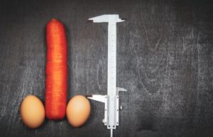 Cómo agrandar el pene: medidor colocado junto a una zanahoria y dos huevos, que simulan un pene.