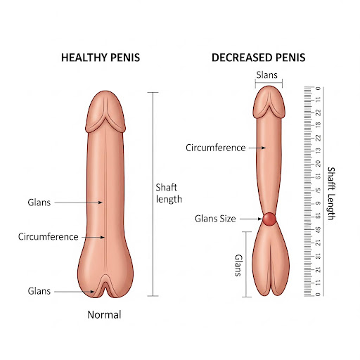 Comparativo entre um pênis de tamanho normal e um pênis com tamanho reduzido. Ao lado do pênis com alteração de tamanho tem uma régua.