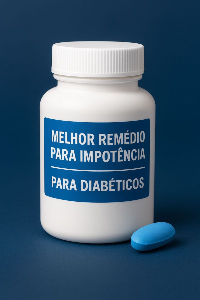 Frasco branco de medicamento com rótulo azul. No rótulo está escrito com letras brancas "melhor remédio para impotência para diabéticos". Ao lado do frasco tem um comprimido azul claro.