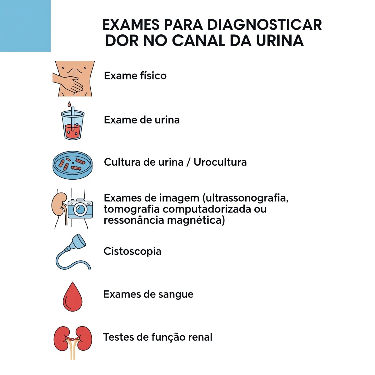 Infográfico explicando quais são os exames que diagnosticam dor no canal da urina.