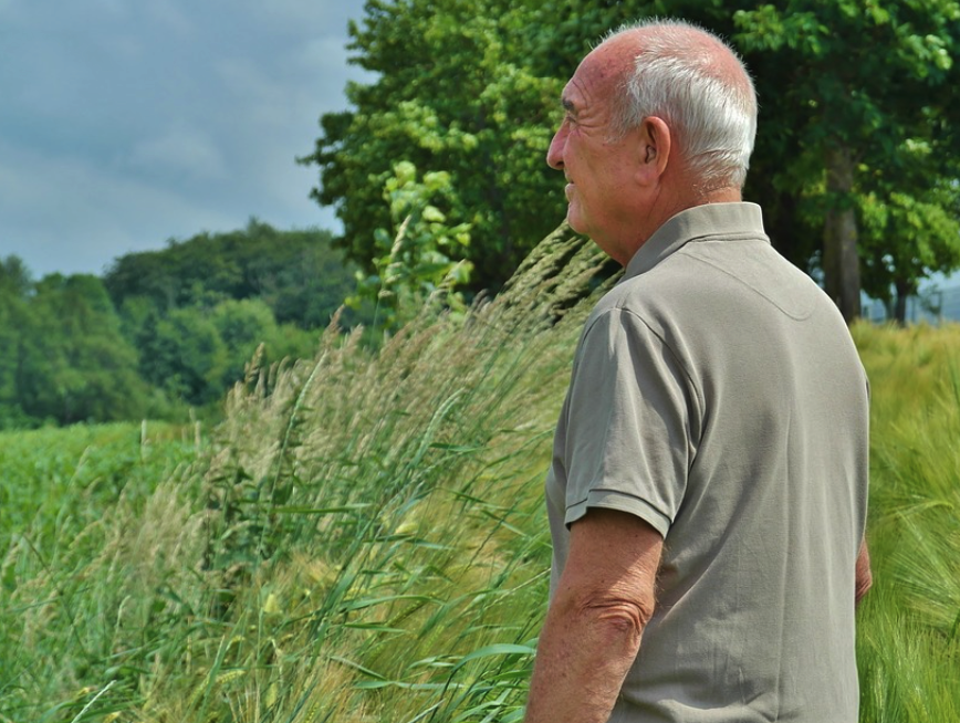 Imagem de homem mais velho em um campo. A foto é de perfil, o homem é calvo e já apresenta uma idade mais avançada
