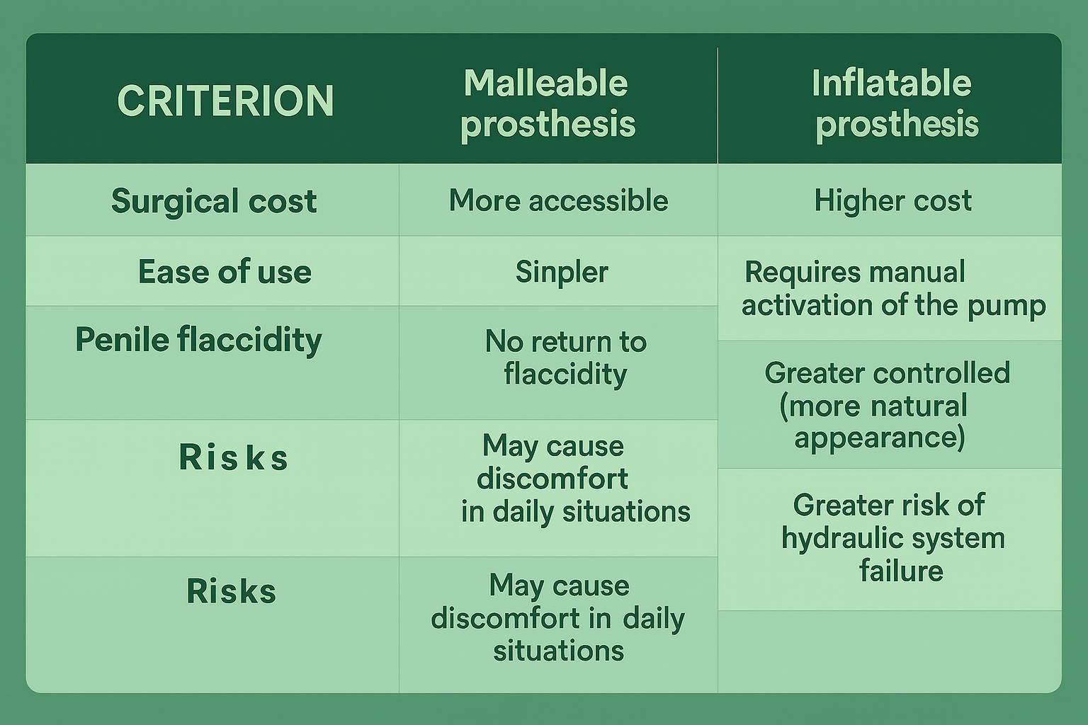 Table comparing malleable vs inflatable penile prosthesis by cost, durability, ease of use, flaccidity, naturalness, and risks.