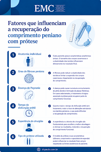 Infográfico explicando o que influencia o tamanho do pênis após a prótese