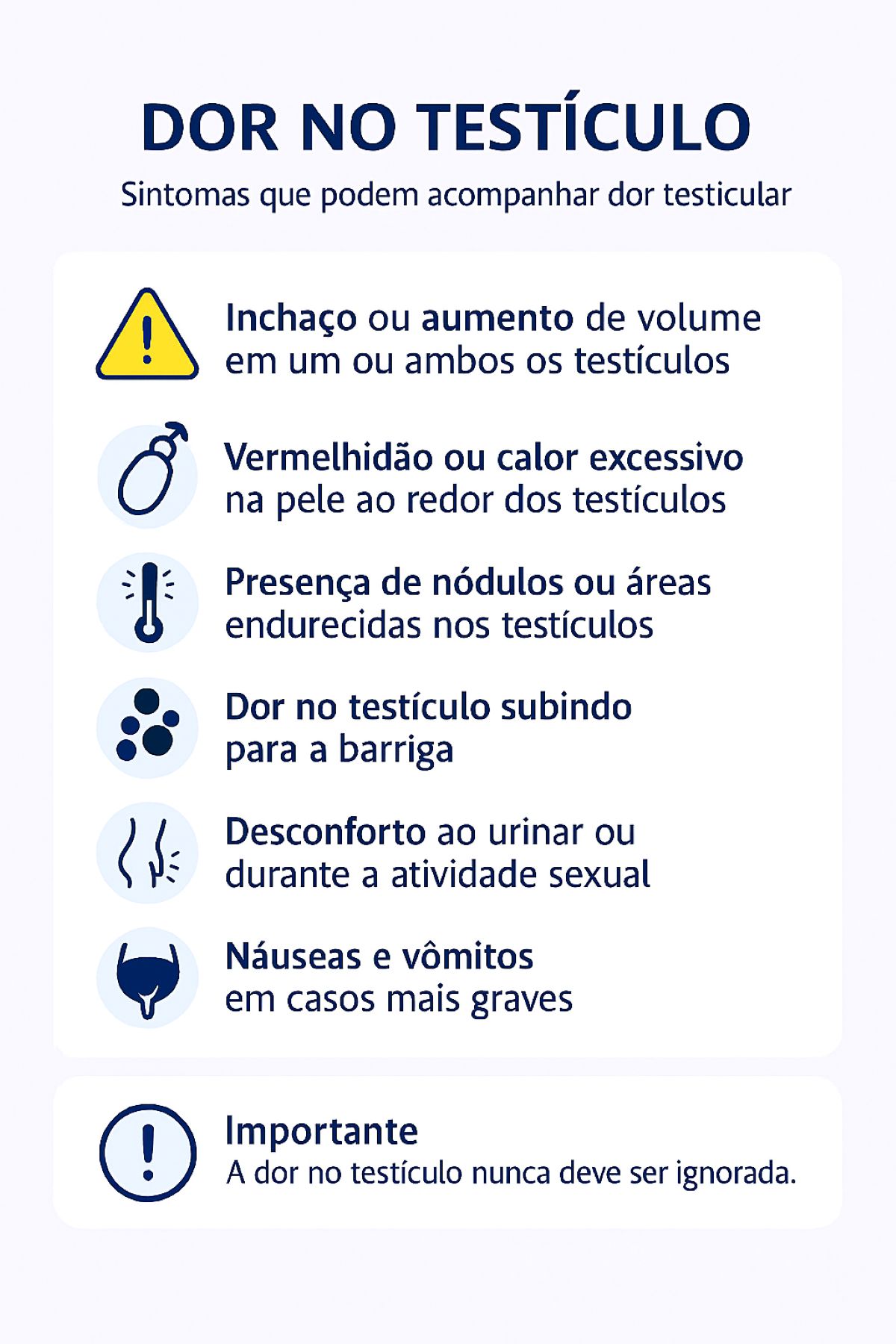 Infográfico com fundo branco traz o resumo dos principais sintomas de dor nos testículos.