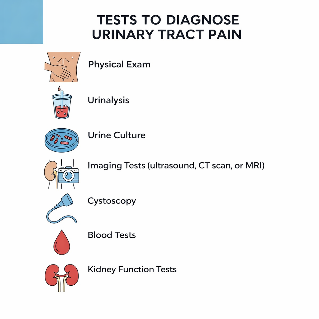 Infographic explaining which tests diagnose pain in the urinary channel.