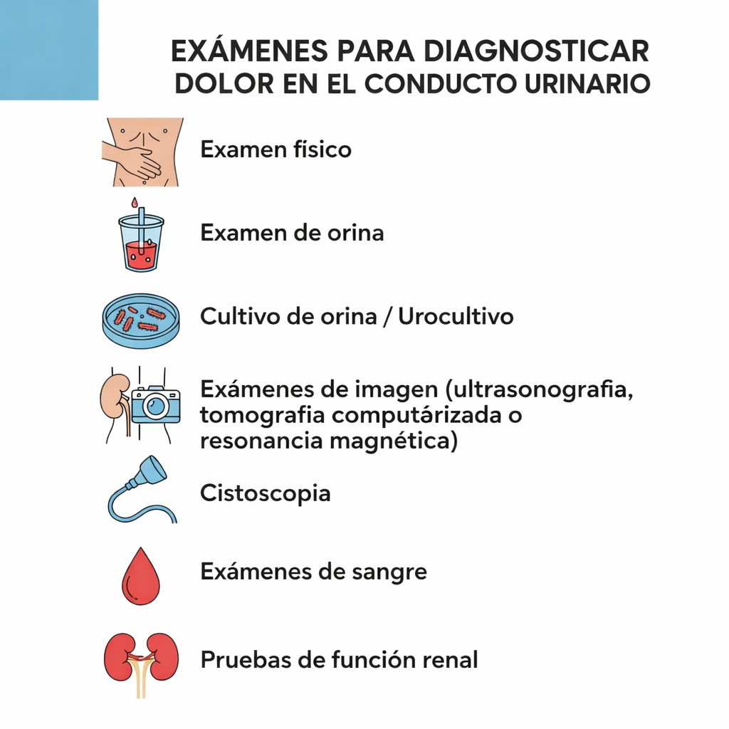 Infografía que explica qué estudios diagnostican el dolor en el canal de la orina.