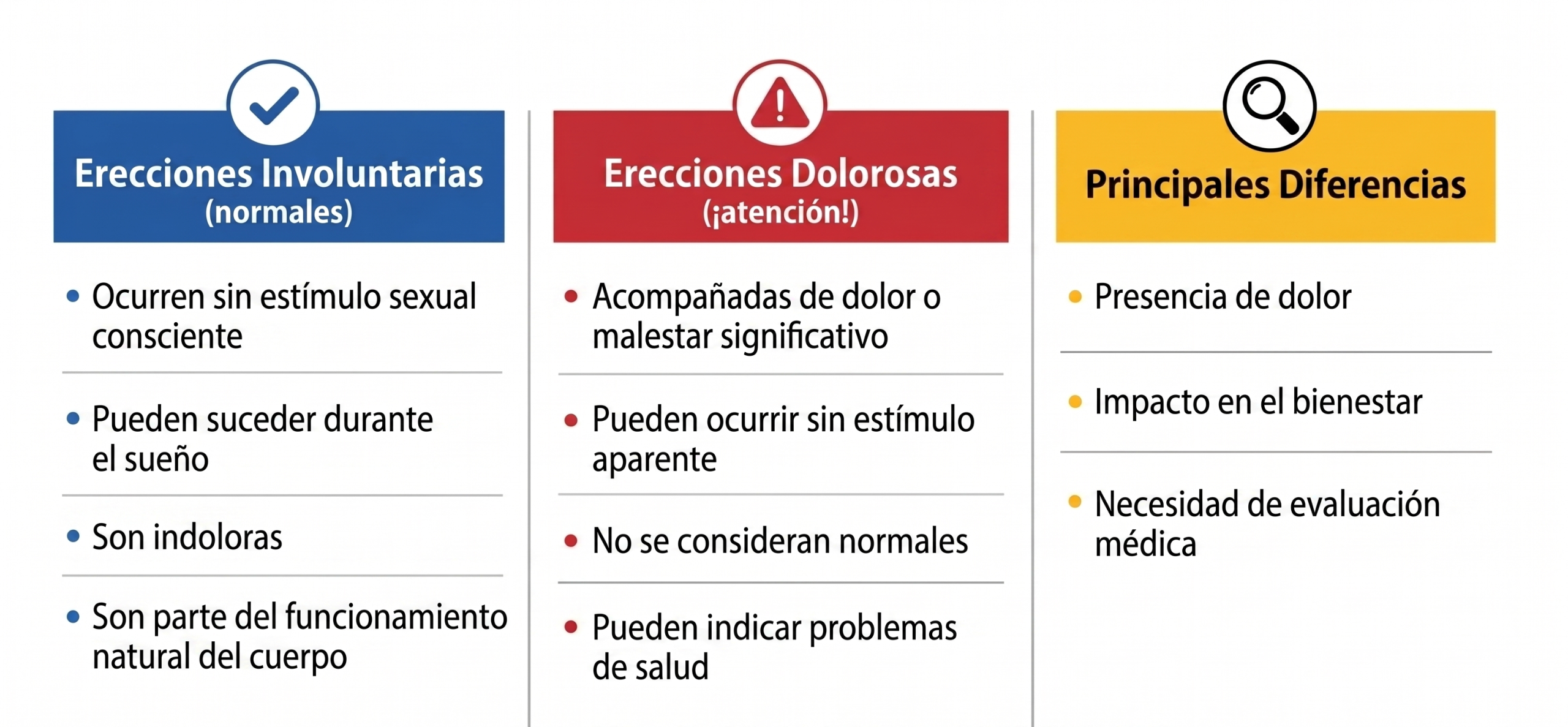 Infográfico explicando las diferencias entre erección involuntaria y erección dolorosa.