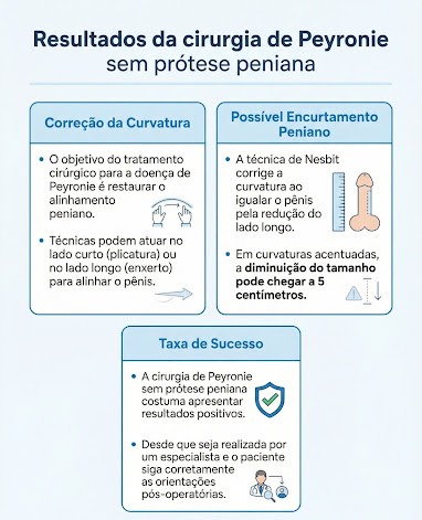 Infográfico com fundo azul claro explicando as técnicas de cirurgia de peyronie sem prótese peniana.