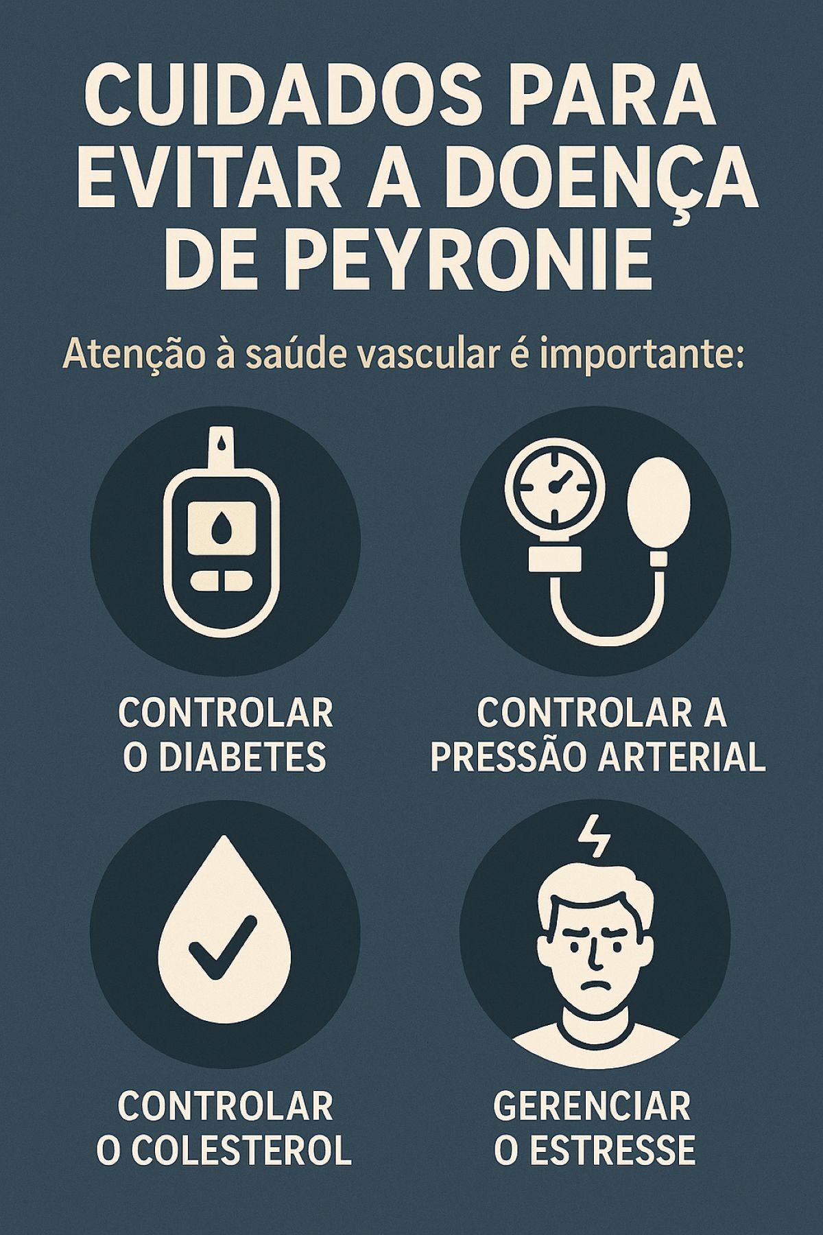 Infográfico com fundo verde escuro com ícones referentes ao gerenciamento do estresse e controle da diabetes, pressão arterial e do colesterol.