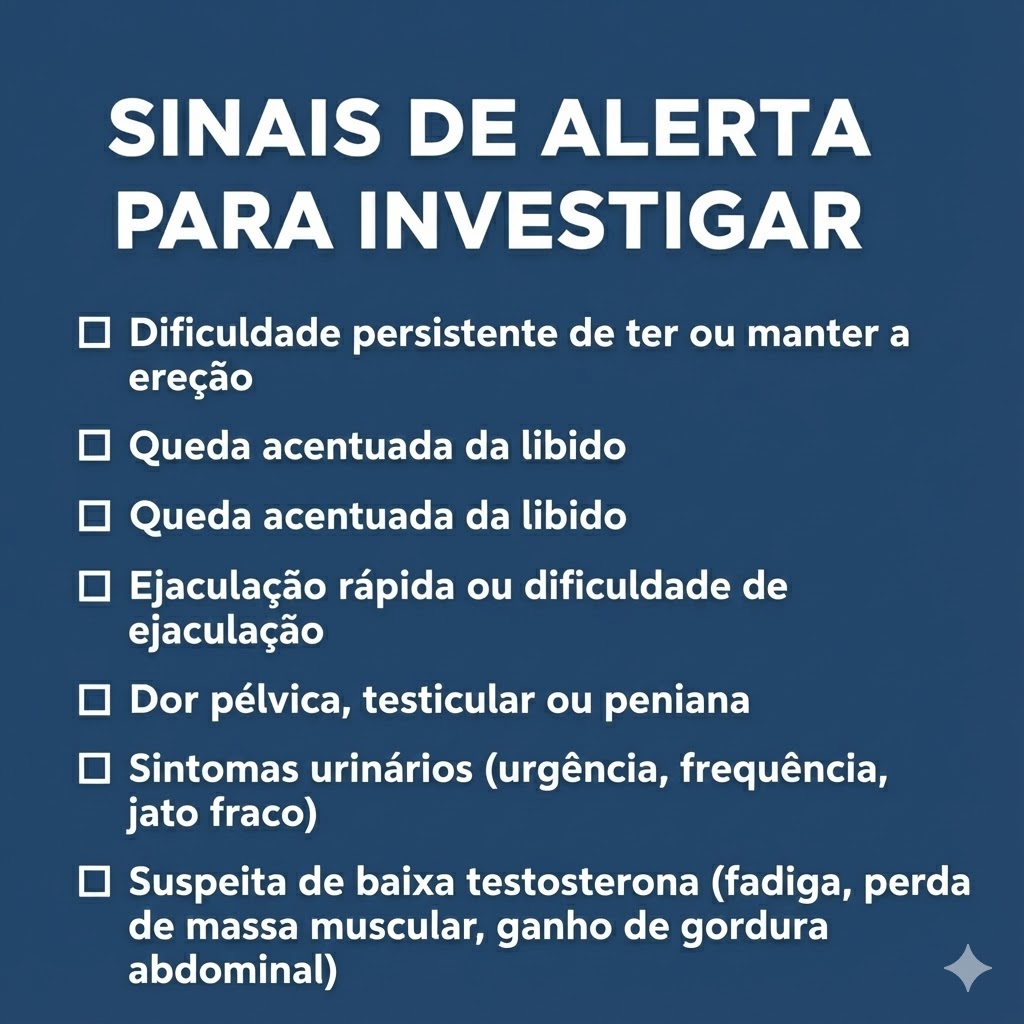 Infográfico com Sinais de alerta para investigar: dificuldade persistente de ereção queda acentuada da libido ejaculação rápida ou dificuldade de ejaculação dor pélvica, testicular ou peniana sintomas urinários suspeita de baixa testosterona 