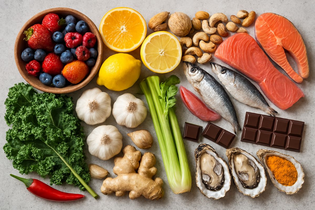 Um pote com frutas vermelhas sobre uma superfície plana e ao lado, frutas cítricas, aipo, alho, gengibre, ostras, salmão e sardinha