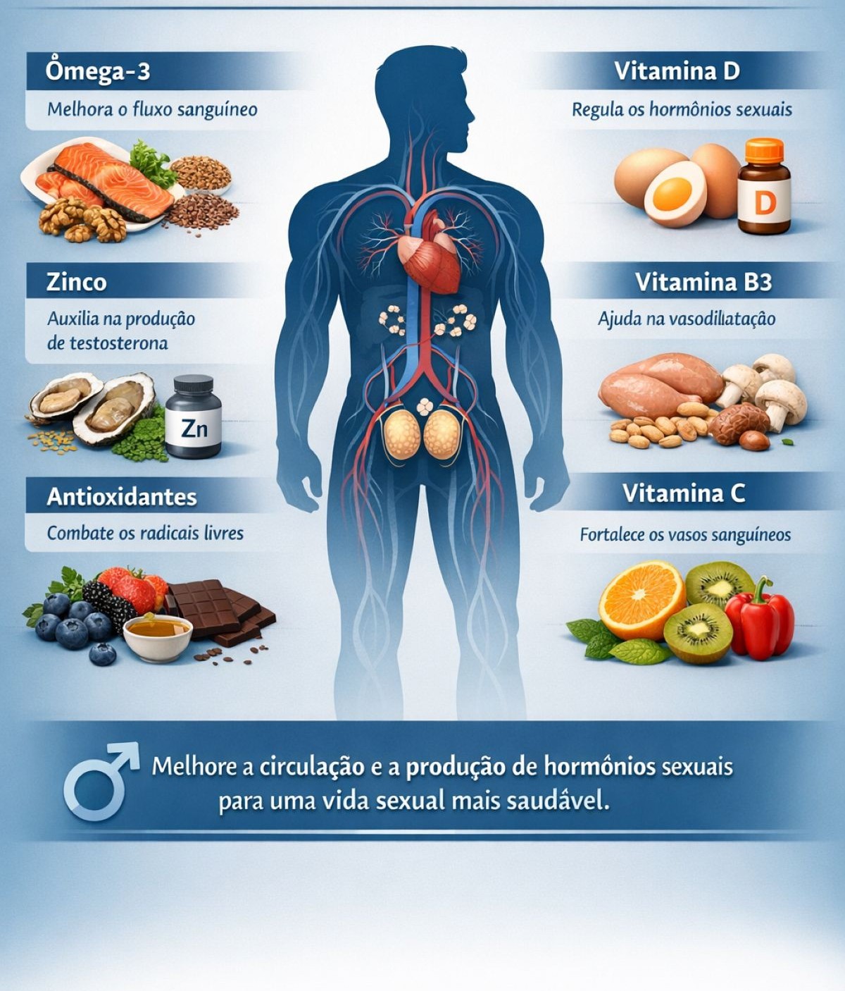 Silhueta masculina e ao lado, grupos de alimentos cujos nutrientes contribuem para a potência masculina.