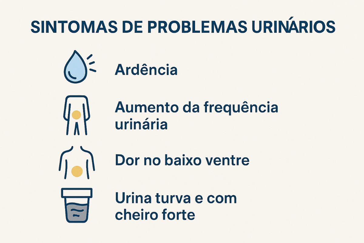 Infográfico explicando os sintomas de infecção urinária: ardência, aumento da frequência urinária, dor no baixo ventre e urina turva com cheiro forte,