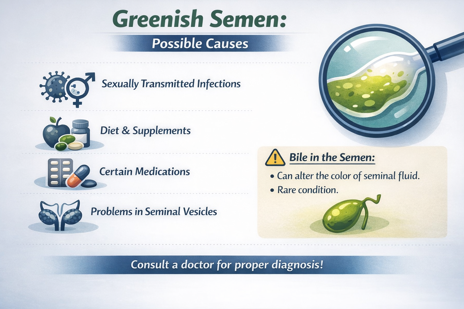 Infographic explaining in which situations semen may become greenish: genital infections, STIs, medications, seminal vesicle problems, and bile presence.
