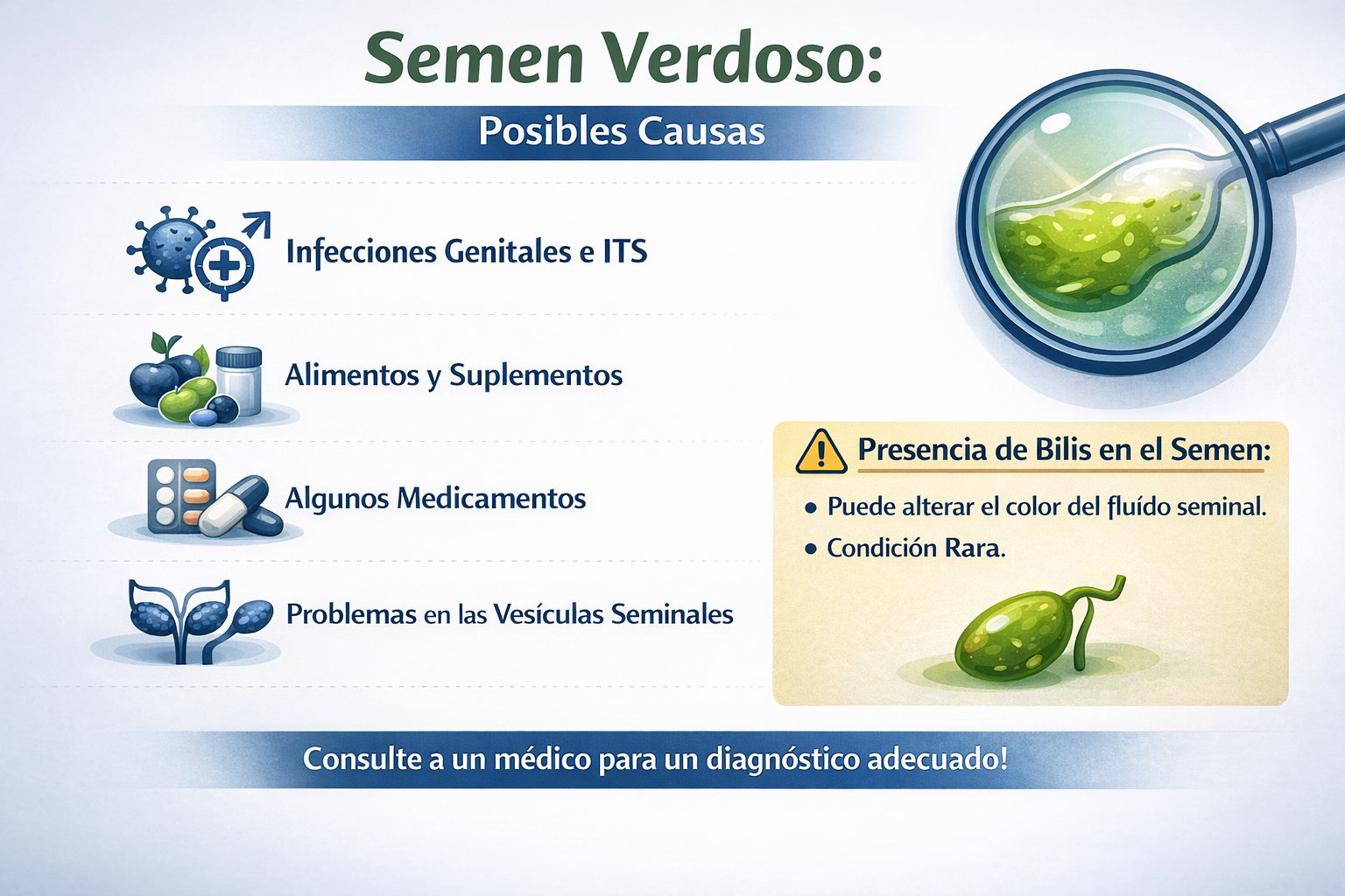 Infografía que explica en qué situaciones el semen puede volverse verdoso: infecciones genitales, ITS, medicamentos, problemas en las vesículas seminales y presencia de bilis.