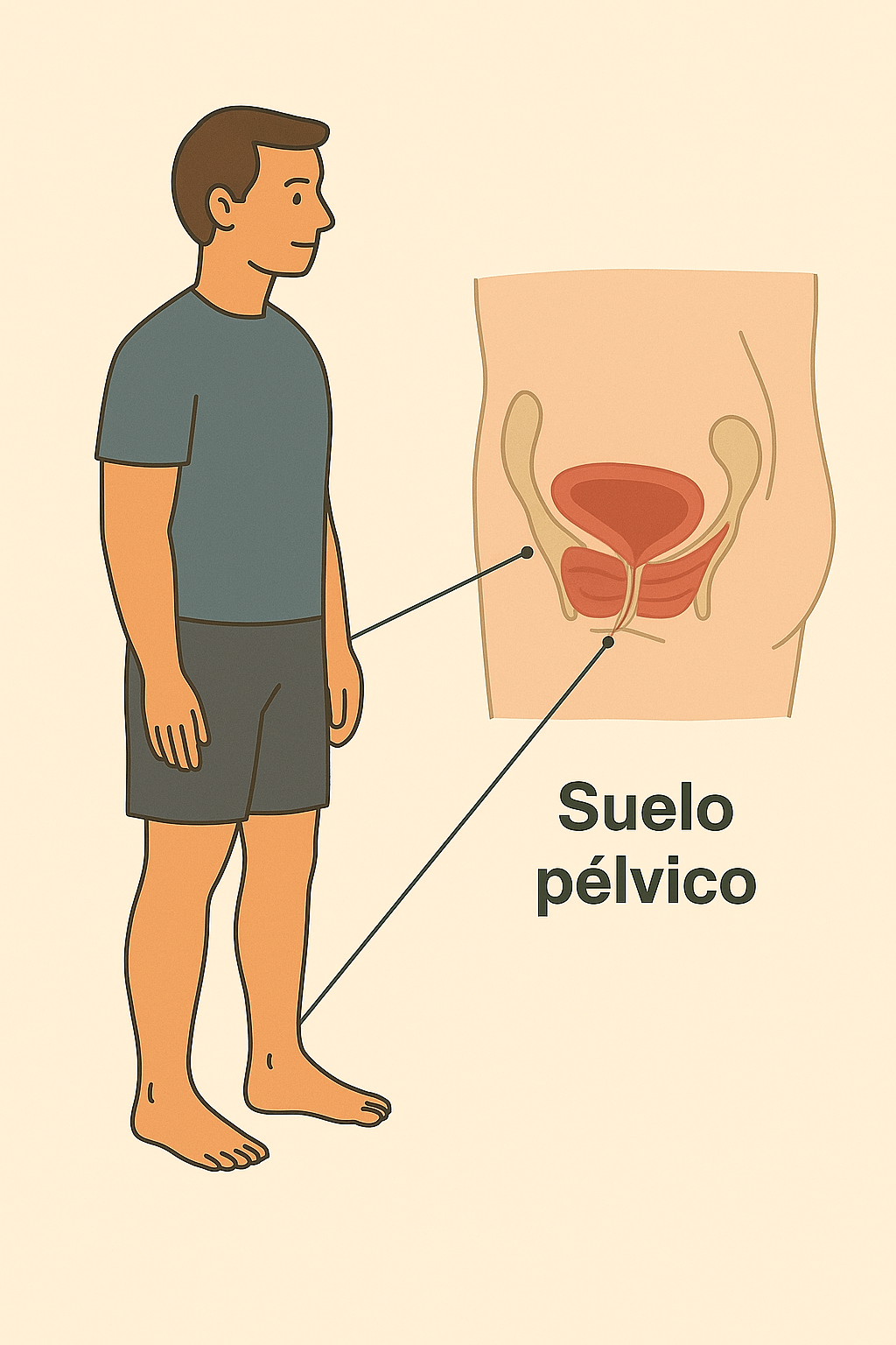 Un hombre de pie junto a una ilustración de la ubicación del suelo pélvico.