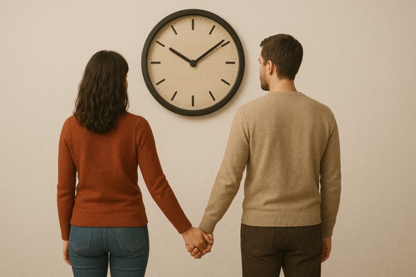 Illustration of a couple holding hands in front of a wall clock, representing the ideal time for sex.