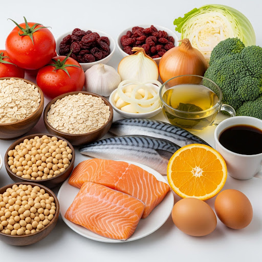 Tomates, frutas deshidratadas, col, cebolla, soja y avena junto a tazas de té y café, huevos, media naranja y salmón sobre una superficie blanca.