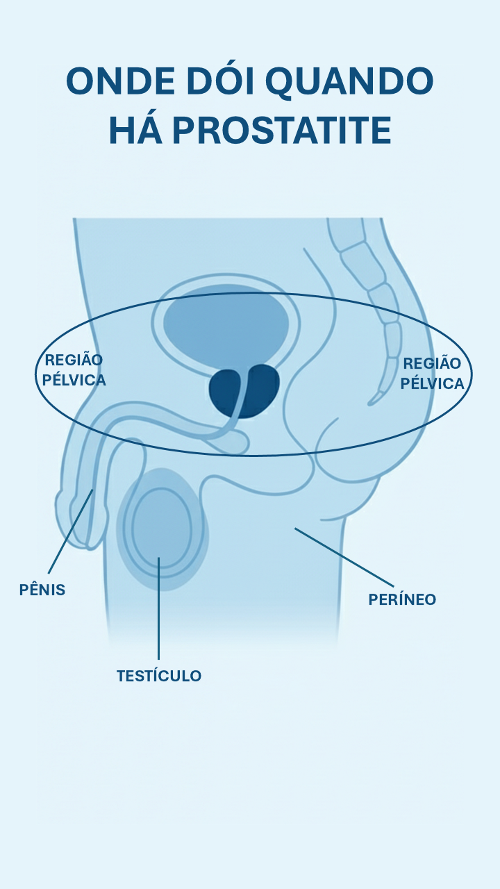 Infográfico em tons de azul com representação anatômica da pelve e marcações dos locais onde há dor na prostatite: região pélvica, pênis, testículos e períneo