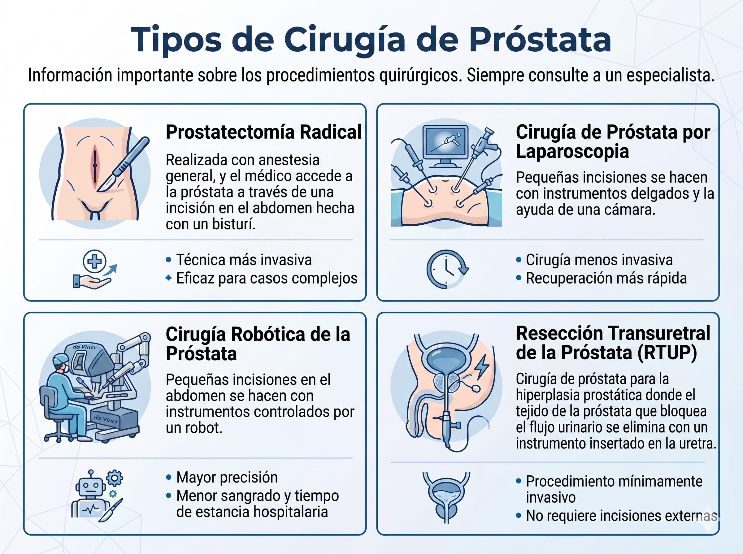 Infografía con fondo azul claro explicando los tipos de cirugía de próstata.