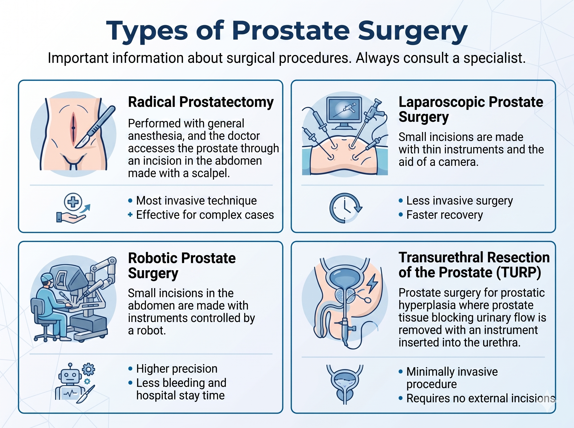 Infographic with light blue background explaining the types of prostate surgery.