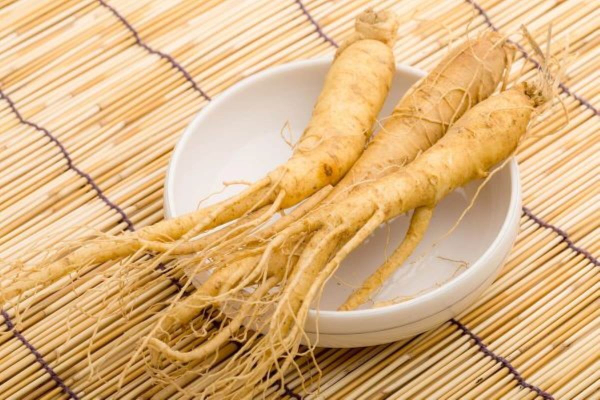 Tres unidades de ginseng en un plato hondo blanco sobre una esterilla de paja