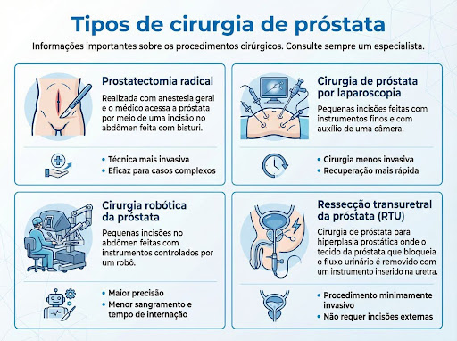 Infográfico com fundo azul claro explicando os tipos de cirurgia de próstata.