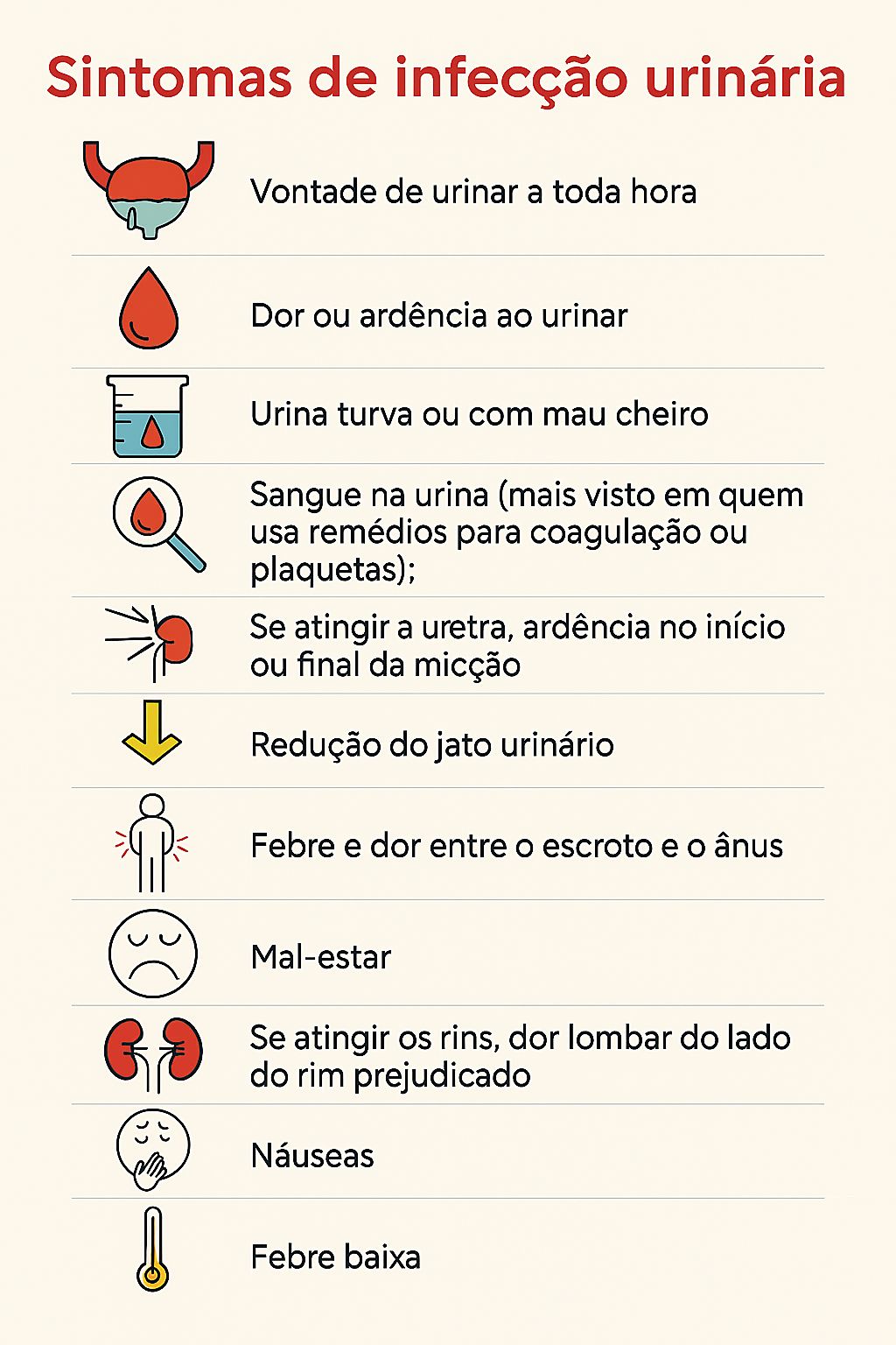 Infográfico com os sintomas de infecção urinária.