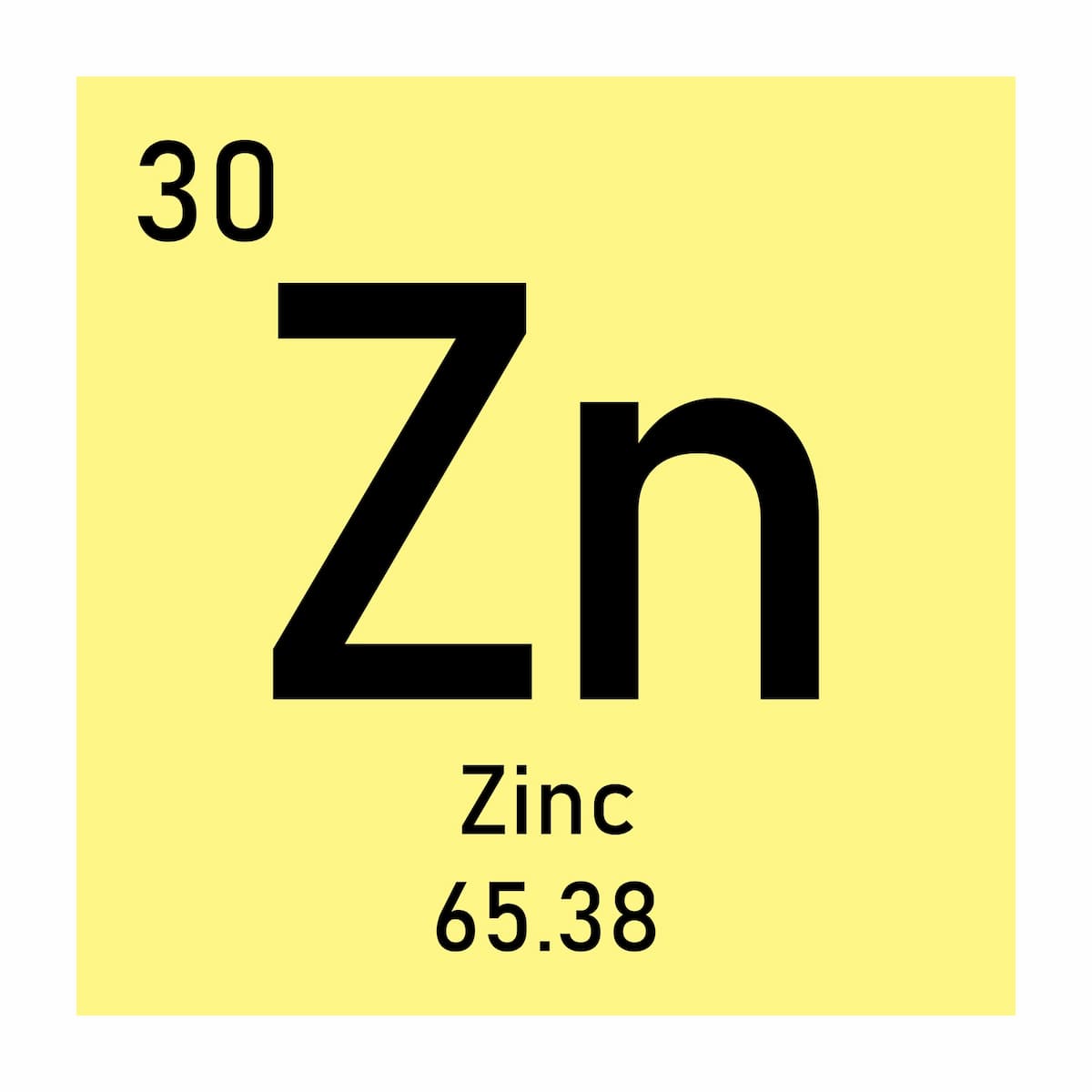 Representación del zinc en la tabla periódica con un fondo amarillo claro que simboliza la relación entre la falta de zinc y la impotencia sexual.