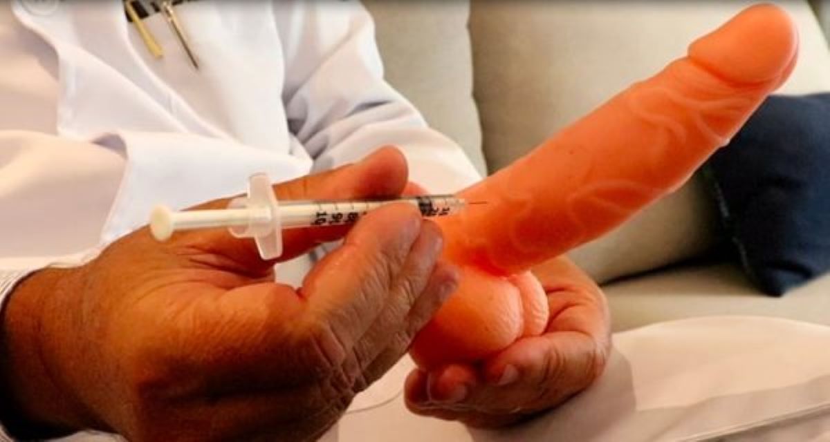 simulation of how to apply a penile injection