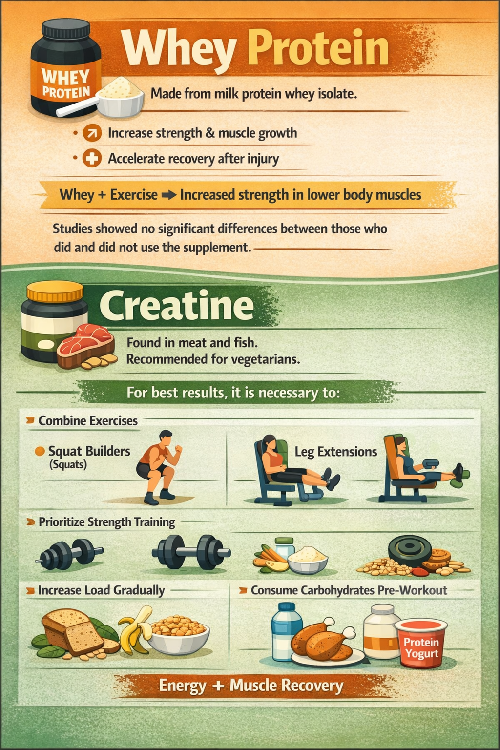 Infographic explaining the benefits and ways to use whey protein and creatine. The text about whey protein appears on an orange background, and the text about creatine appears on a green background.