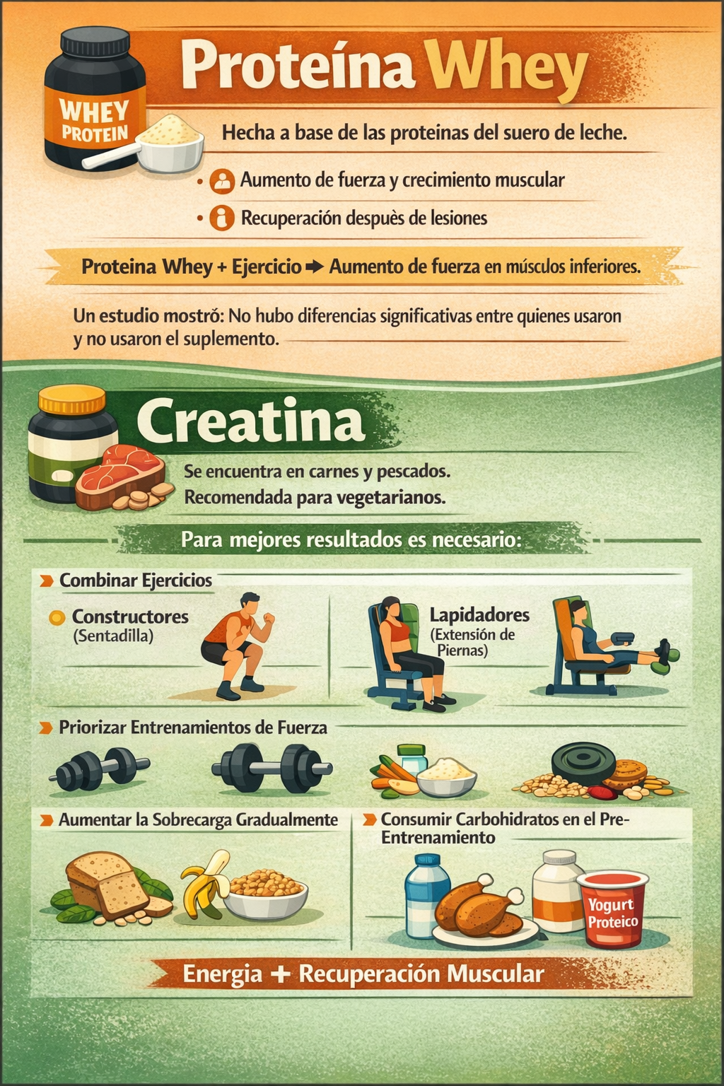 Infografía que explica los beneficios y la forma de uso de la proteína whey y la creatina. El texto sobre la proteína whey está sobre un fondo anaranjado y el texto sobre la creatina está sobre un fondo verdoso.