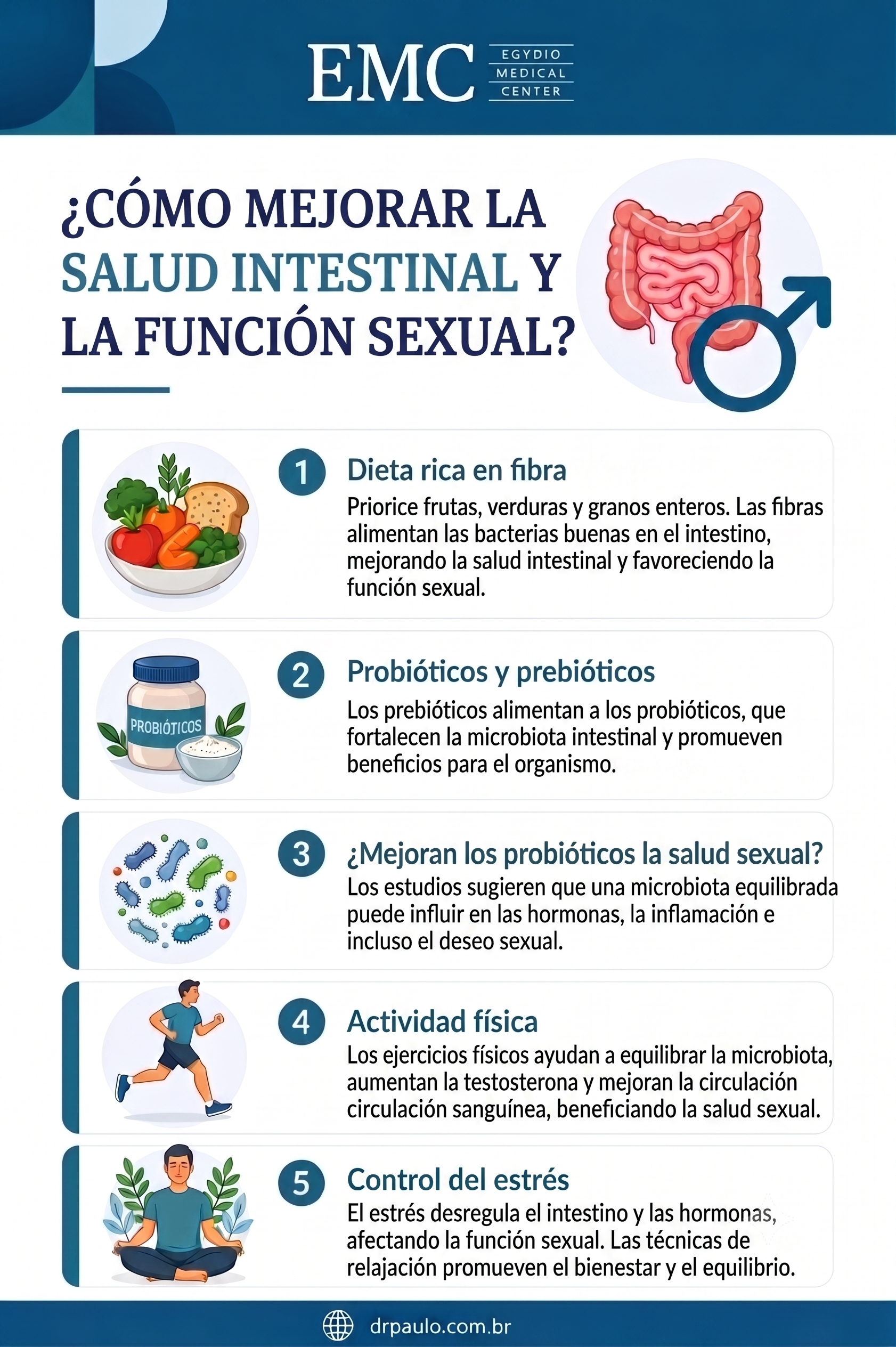 Infografía con consejos para preservar la salud intestinal y la función sexual.