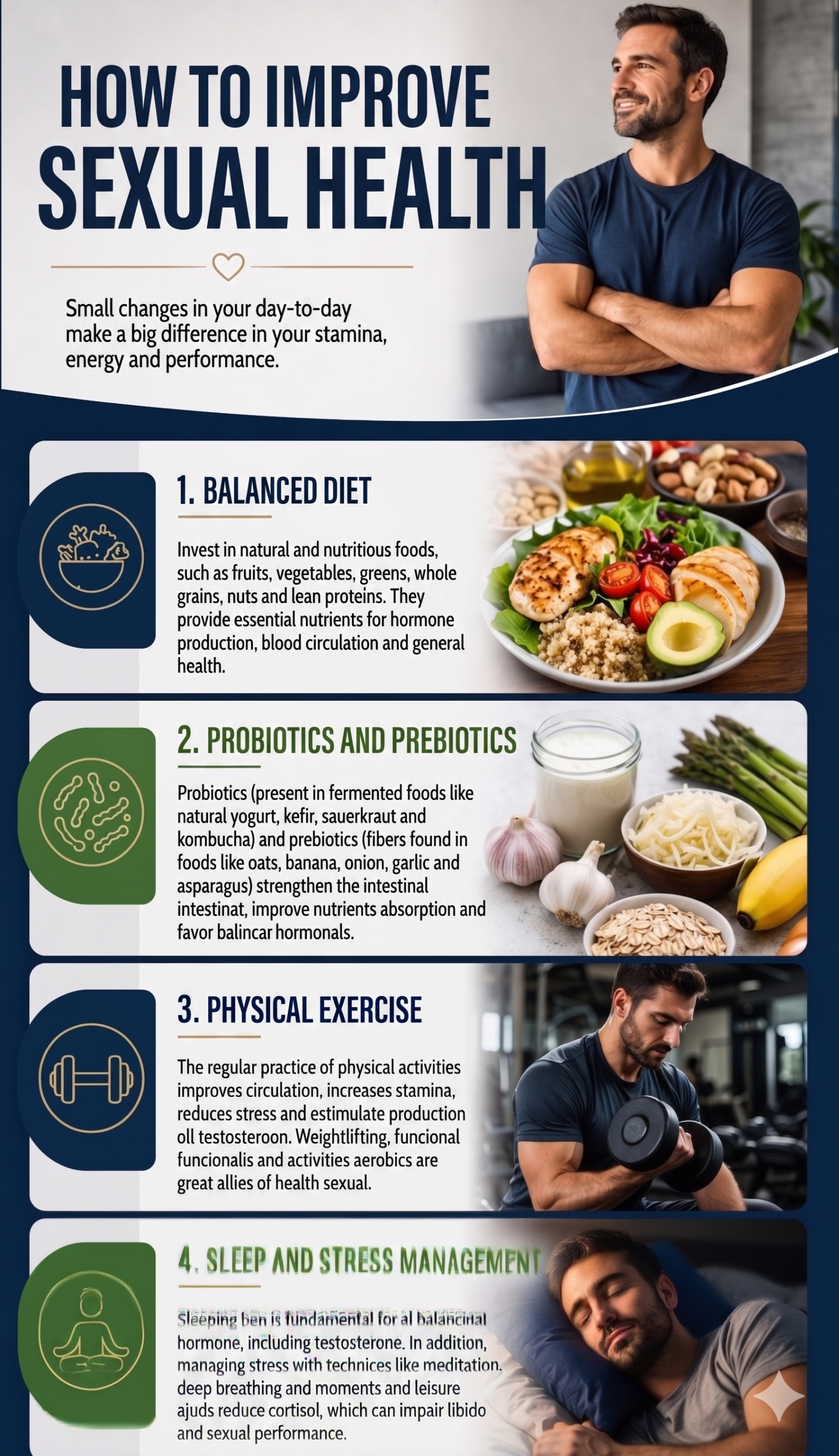 Infographic explaining habits to improve gut health and sexual function: balanced diet, consumption of probiotics and prebiotics, physical exercise, sleep, and stress control.