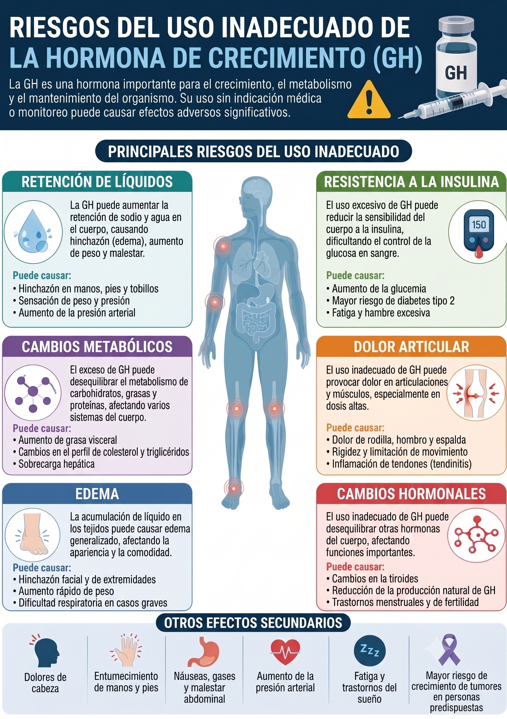 Infografía que explica los riesgos del uso inadecuado de GH: alteración metabólica, retención de líquidos, resistencia a la insulina, dolor articular, edema y cambios hormonales.