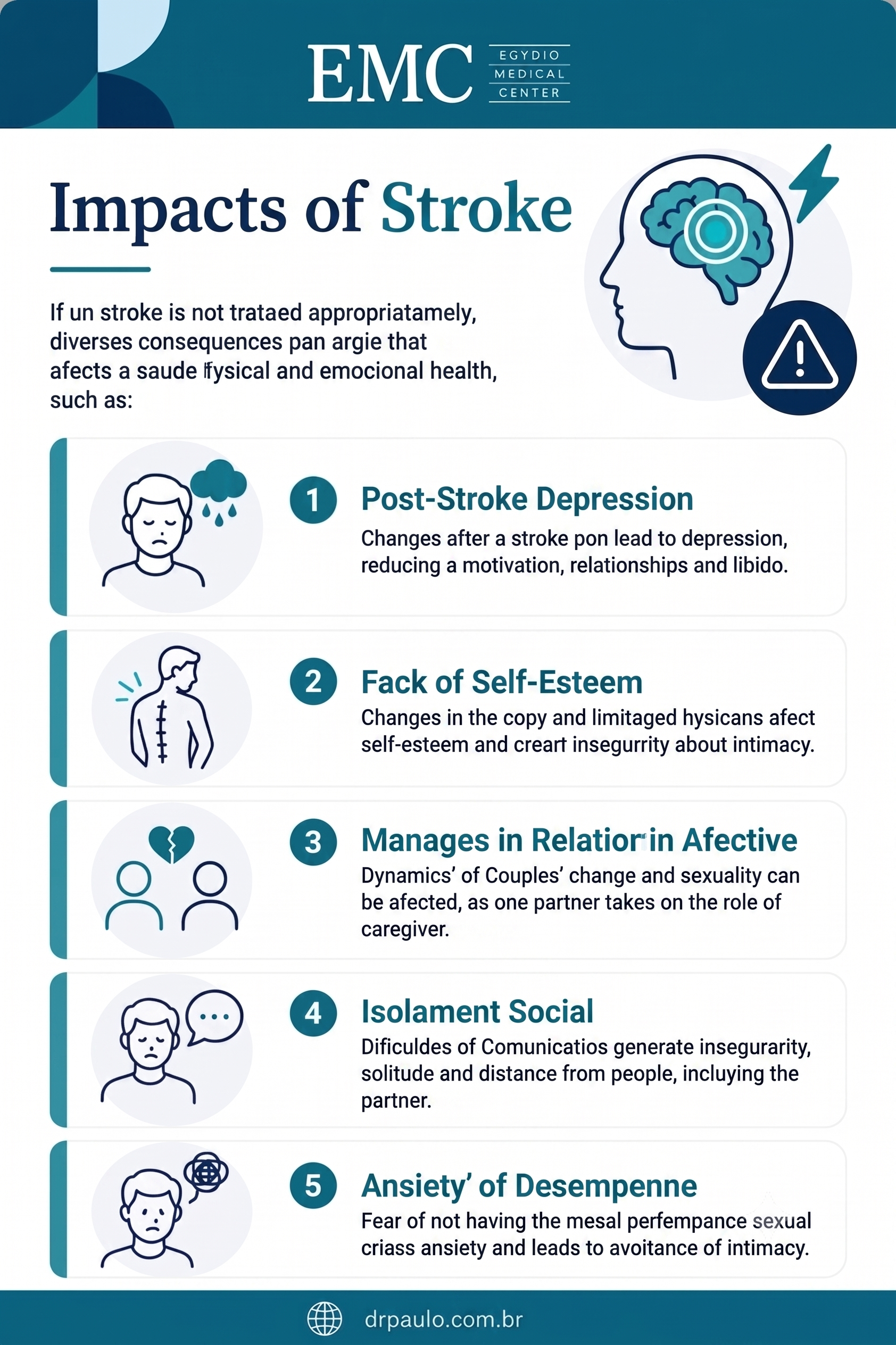 Infographic explaining the impacts of stroke on men: depression, lack of self-esteem, relationship changes, social isolation, performance anxiety,