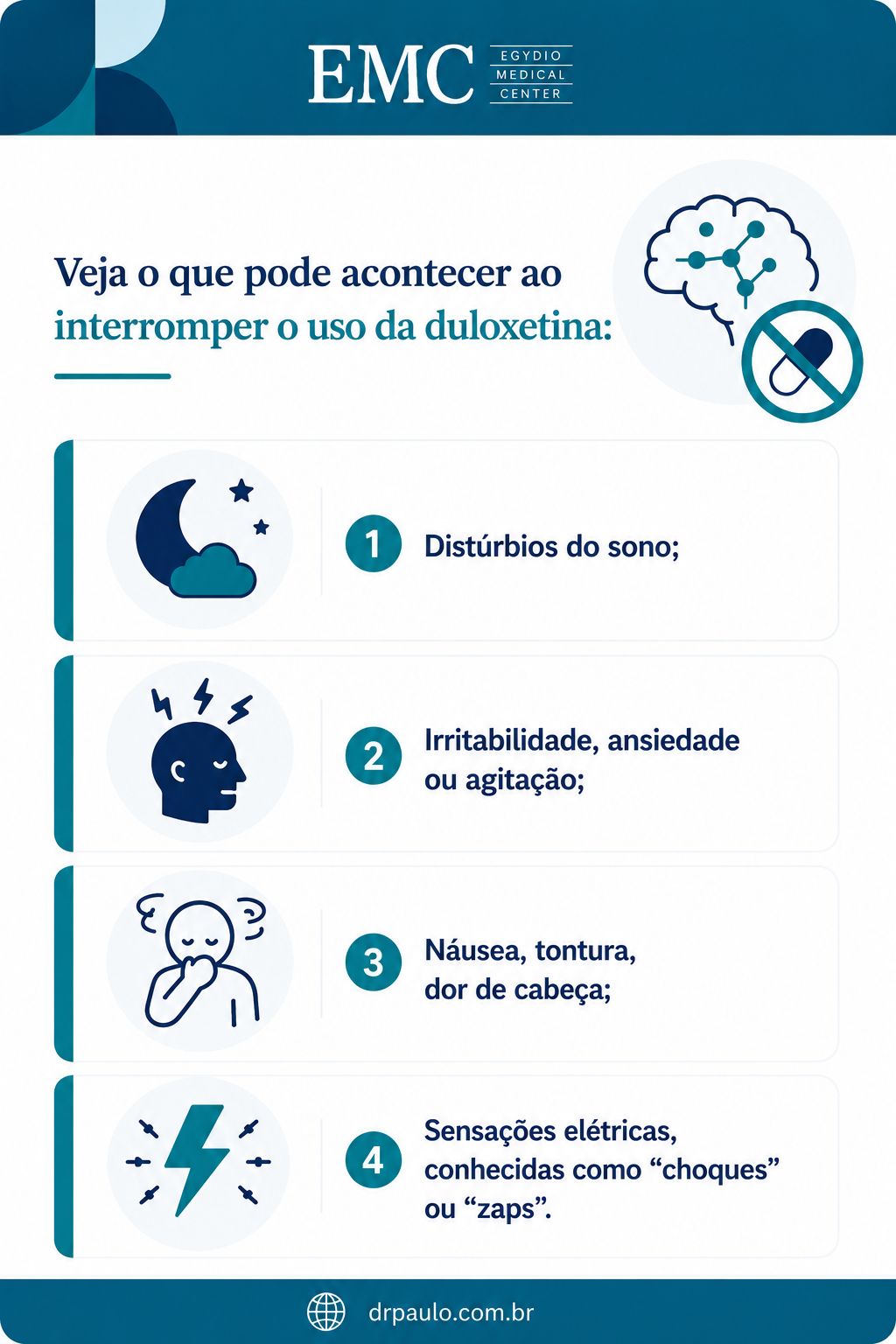 Infográfico explicando por que não pode interromper o uso da duloxetina por conta própria.