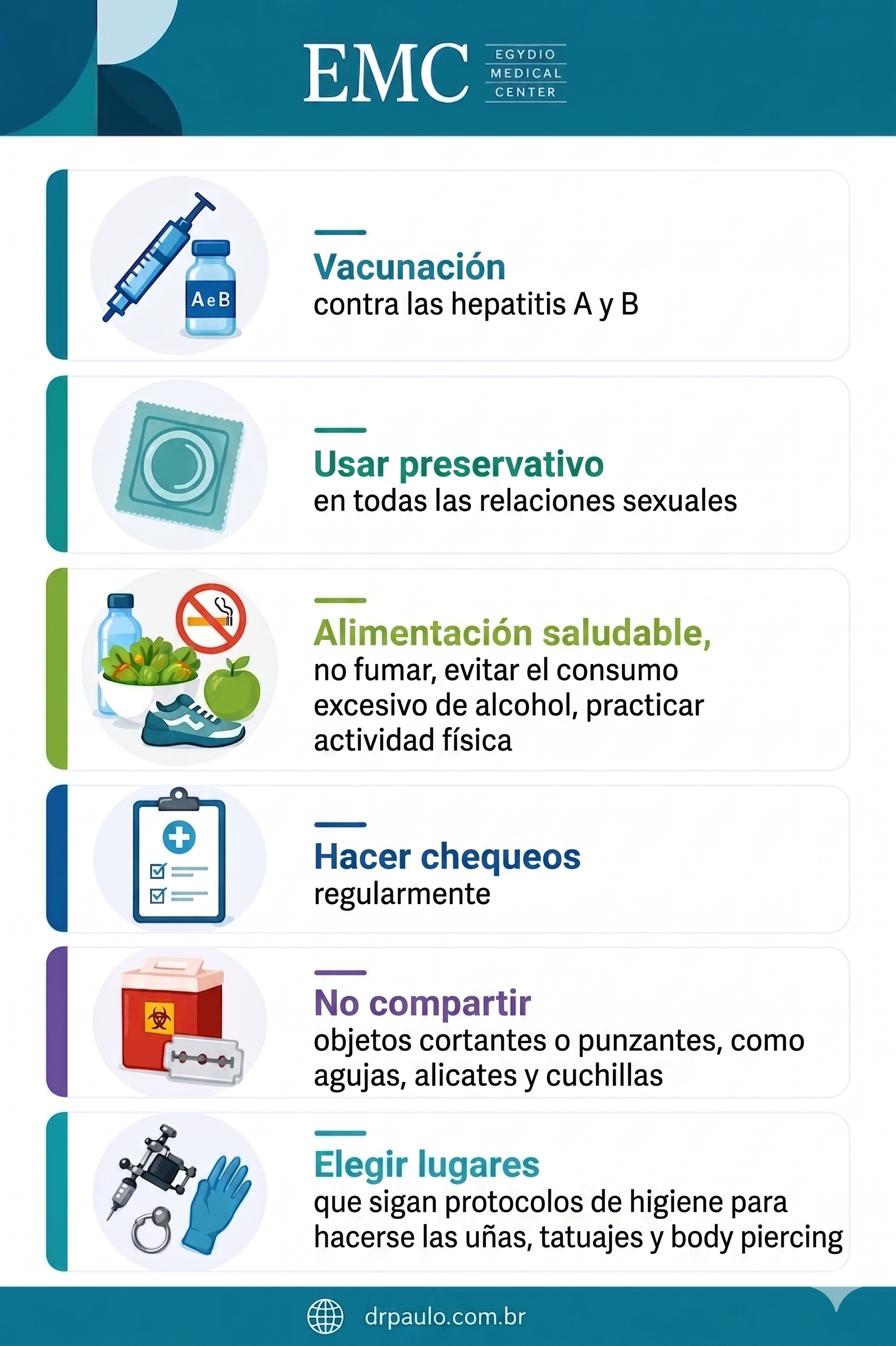 Infografía que explica consejos para prevenir la hepatitis: vacunación, uso de preservativos, dieta saludable, chequeos regulares, no compartir objetos afilados y elegir lugares seguros para tatuajes, piercings y tatuajes