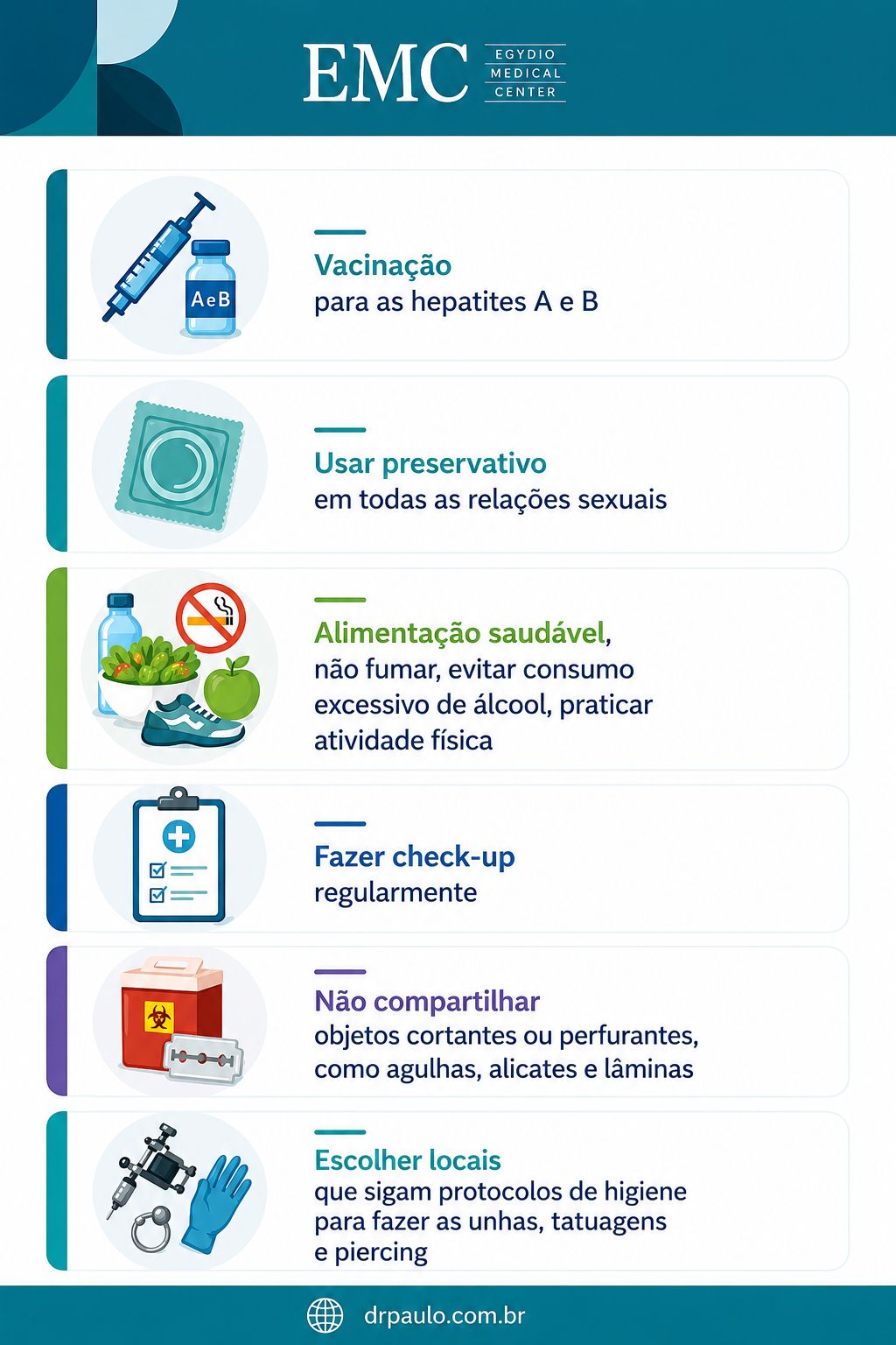 Infográfico explicando as dicas para evitar hepatite: vacinação, usar preservativo, alimentação saudável, check-up regular, não compartilhar objetos cortantes e escolher locais seguros para tatuagem, piercing e tatuagem