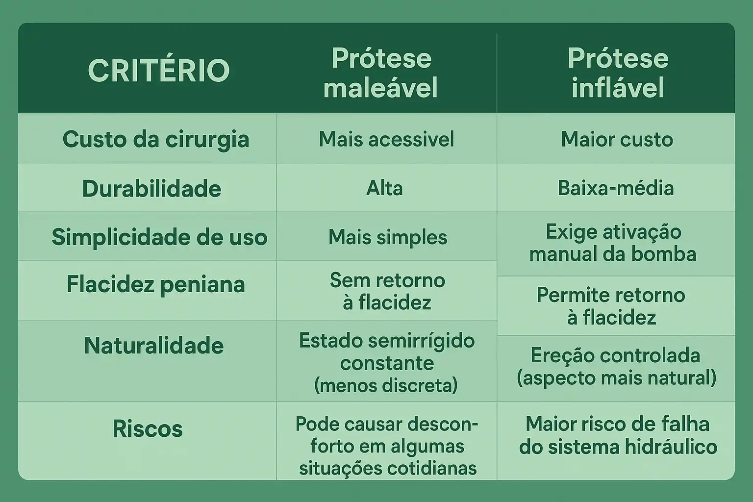 Tabela comparando prótese maleável e inflável em critérios como custo, durabilidade, simplicidade, flacidez, naturalidade e riscos.