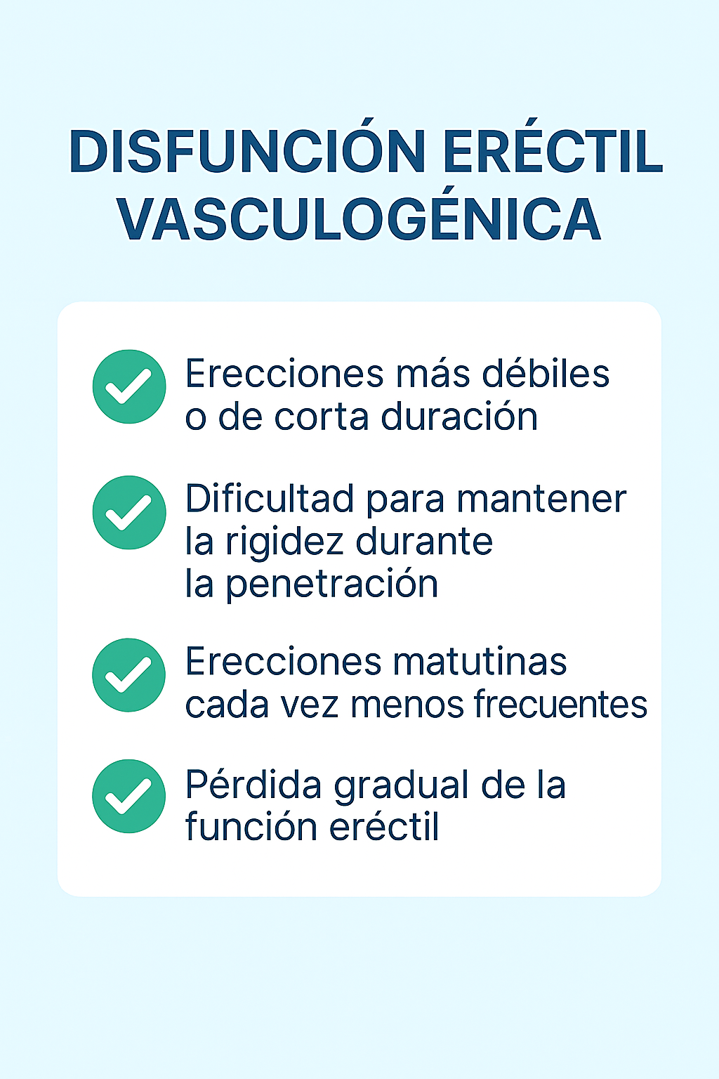 Infografía que explica los síntomas de la disfunción eréctil vasculogénica.