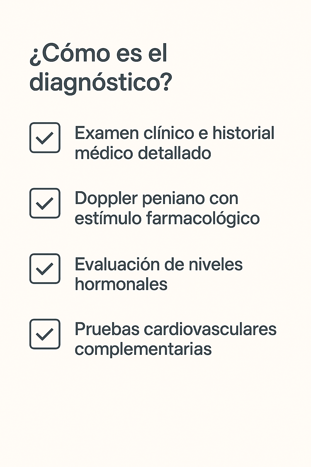 Infografía con exámenes para el diagnóstico de la disfunción eréctil vasculogénica