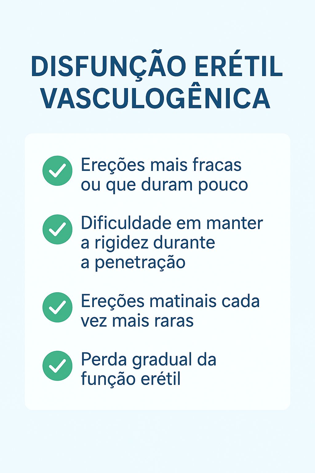 Infográfico que explica os sintomas da disfunção erétil vasculogênica.