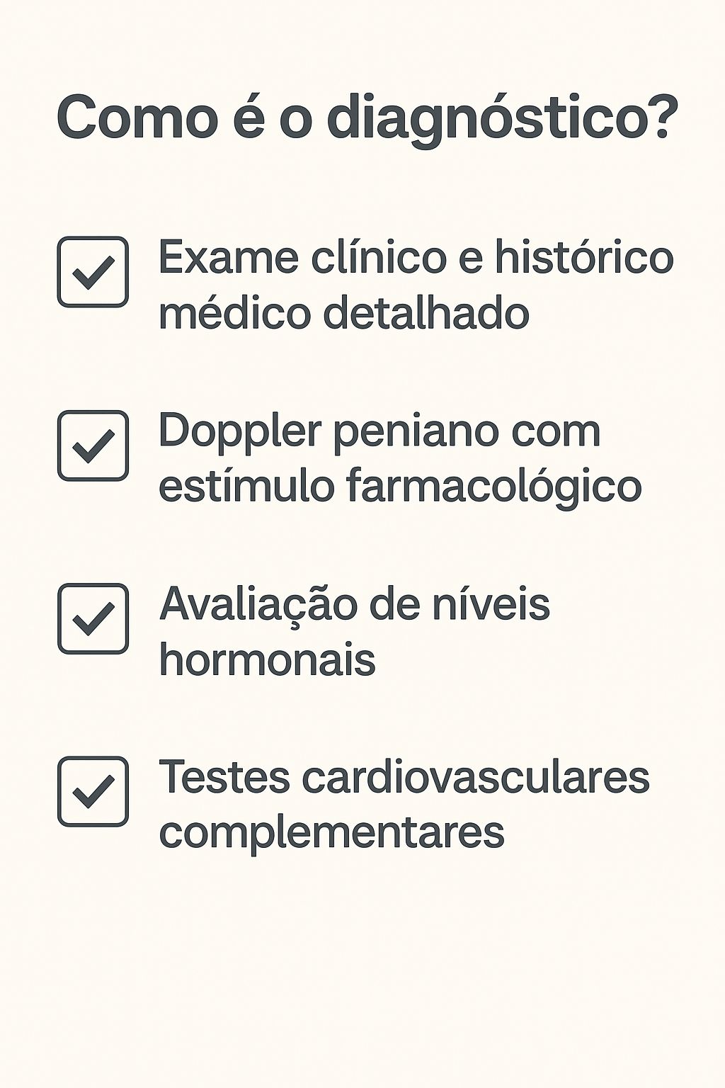 Infográfico com exames para diagnóstico da disfunção erétil vasculogênica