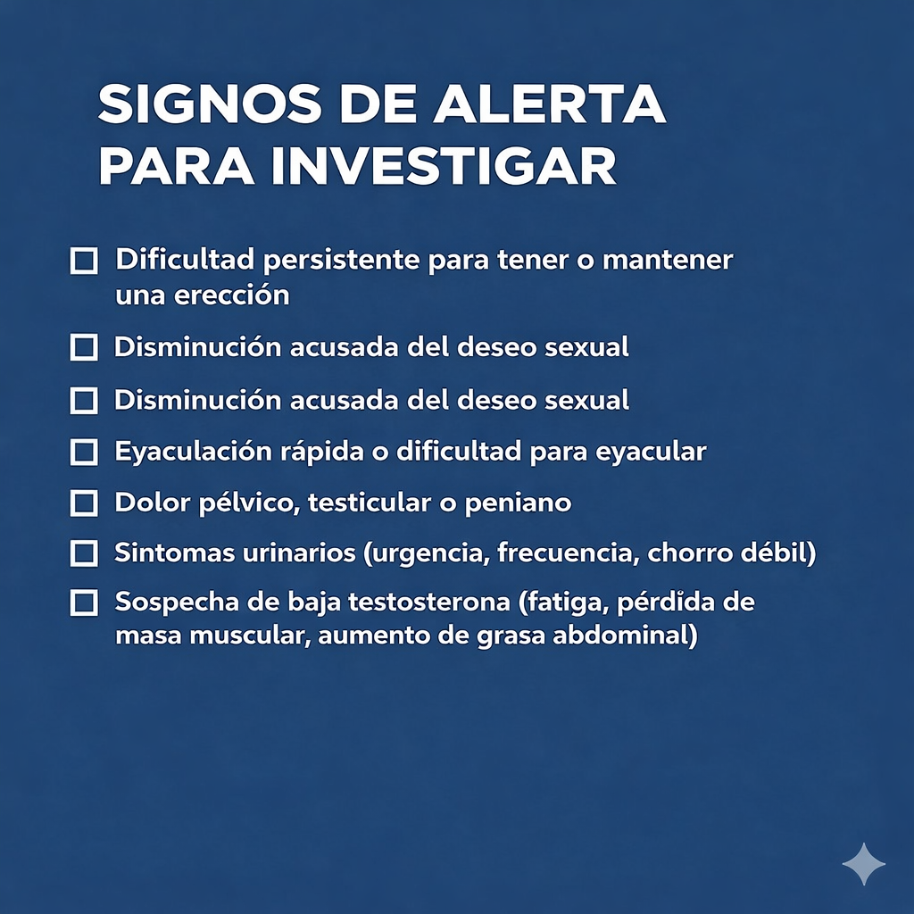 Infográfico com Sinais de alerta para investigar: dificuldade persistente de ereção queda acentuada da libido ejaculação rápida ou dificuldade de ejaculação dor pélvica, testicular ou peniana sintomas urinários suspeita de baixa testosterona 