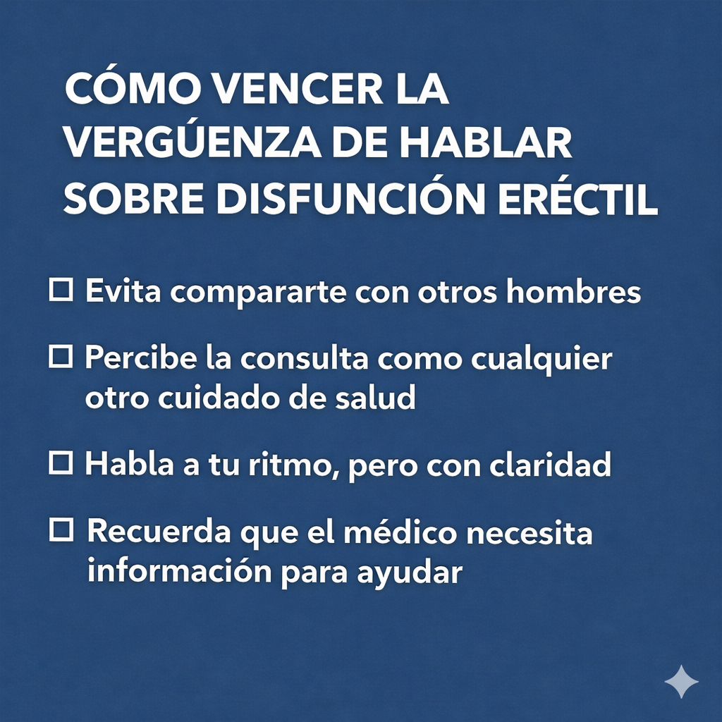 Infografía Estrategias prácticas para superar la vergüenza Evita compararte con otros hombres Percibe la consulta como cualquier otro cuidado de la salud Habla a tu ritmo, pero con claridad Recuerda que el médico necesita la información para ayudar